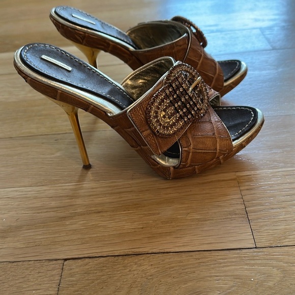 Massimmio Dogano Vintage Brown and Gold High Heel Mules with Platform - Picture 3 of 6